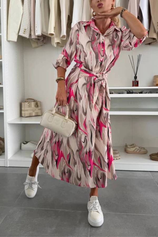 LB | Elegant Ease Satynowa sukienka midi z nadrukiem w talii