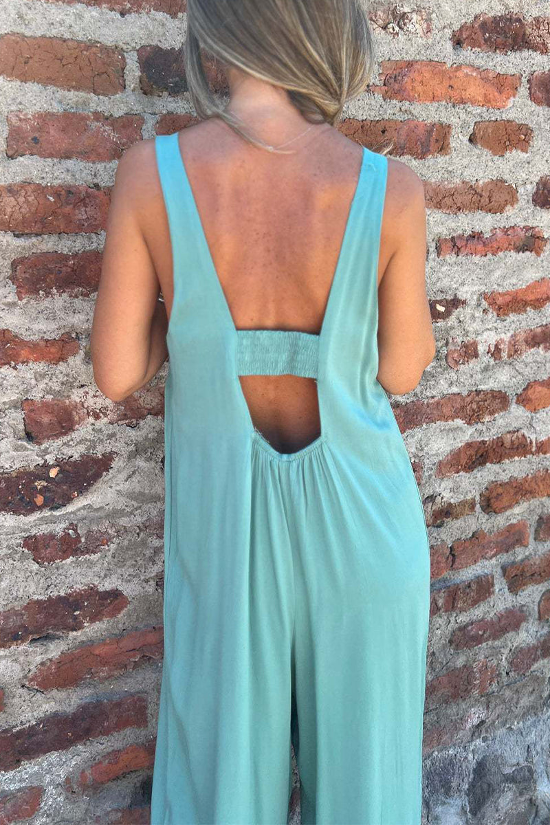 LB | Casualowe kombinezony bez rękawów z kieszeniami i guzikami na plecach U Neck Boot Cut Jumpsuits