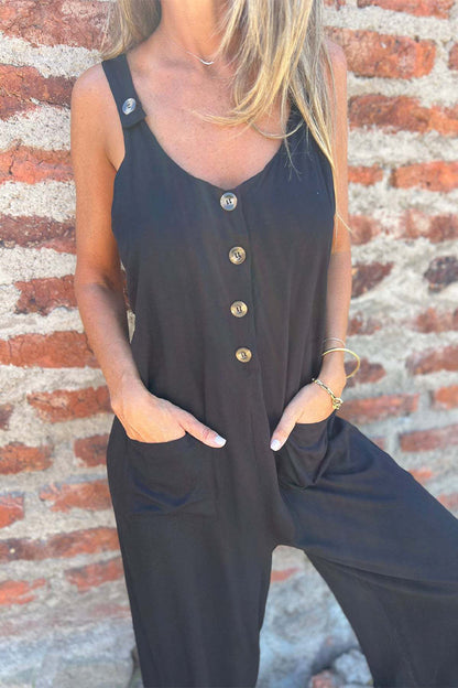 LB | Casualowe kombinezony bez rękawów z kieszeniami i guzikami na plecach U Neck Boot Cut Jumpsuits