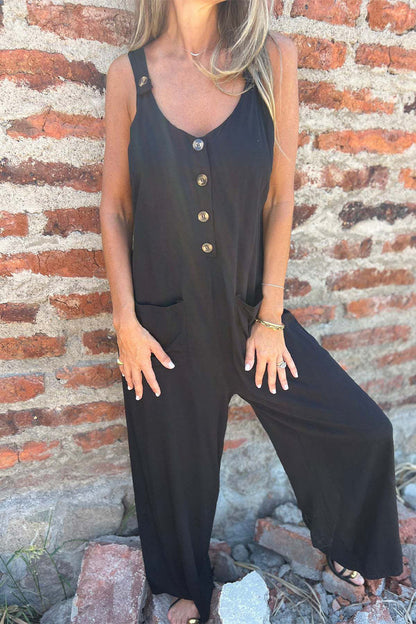 LB | Casualowe kombinezony bez rękawów z kieszeniami i guzikami na plecach U Neck Boot Cut Jumpsuits