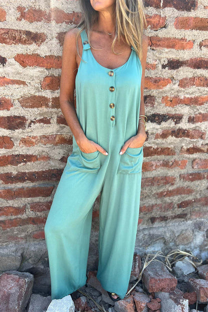 LB | Casualowe kombinezony bez rękawów z kieszeniami i guzikami na plecach U Neck Boot Cut Jumpsuits