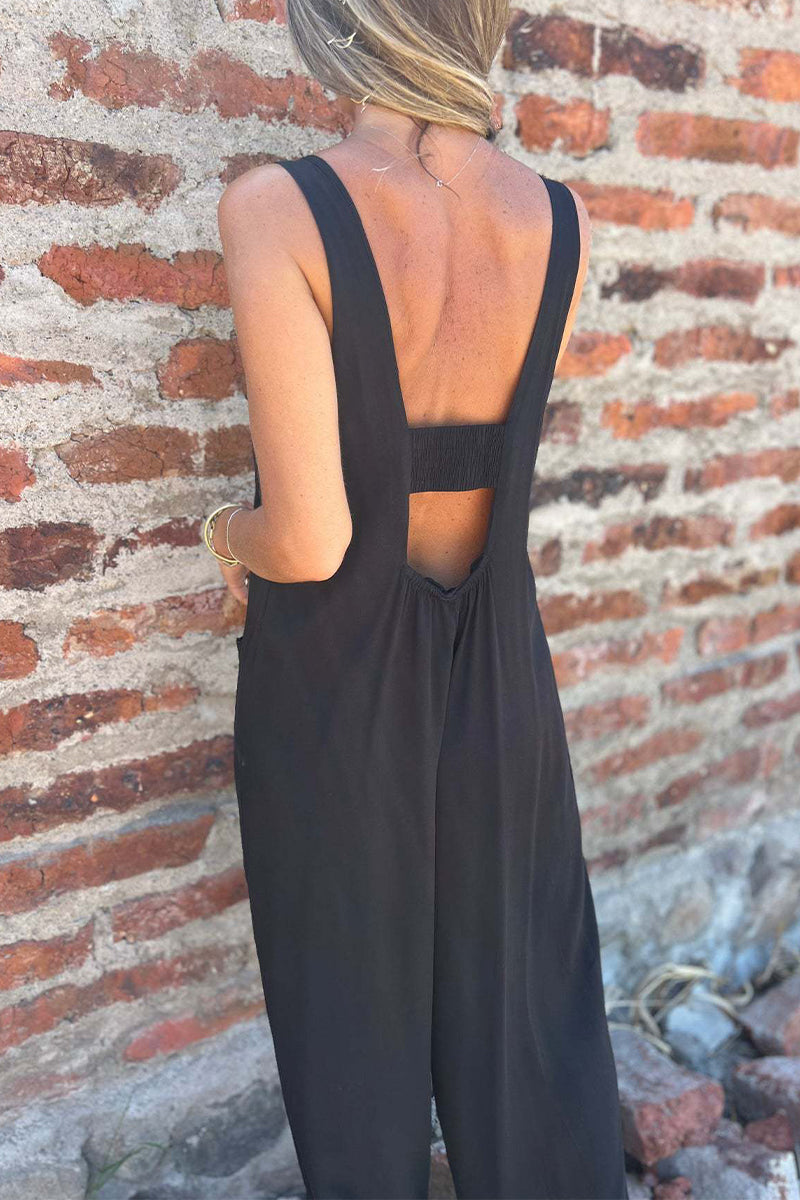 LB | Casualowe kombinezony bez rękawów z kieszeniami i guzikami na plecach U Neck Boot Cut Jumpsuits