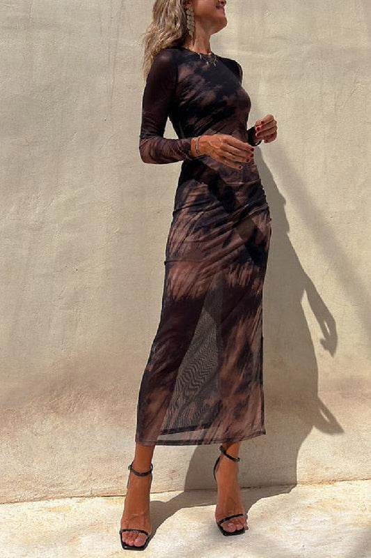 LB | Charm Lady Mesh Overlay Tie Dye Print Long Sleeve Ruffled Stretch Midi Dress
