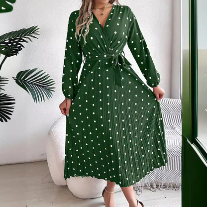 LB | Elegancka kontrastowa sukienka Maxi w kropki z plisowanym dekoltem w serek dla kobiet