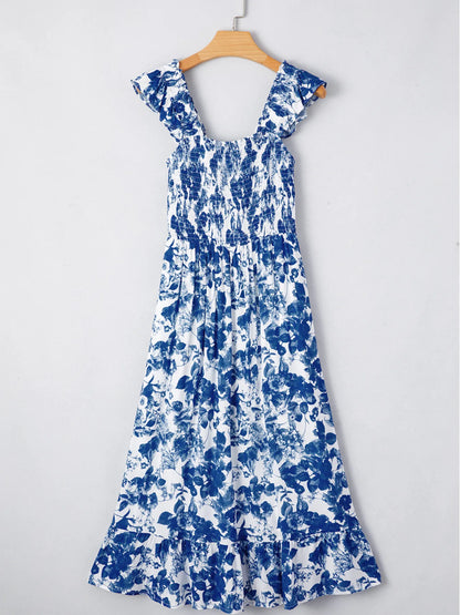 LB | Floral Ruffle Strap Square Neck Smocked Bodice Midi Dress