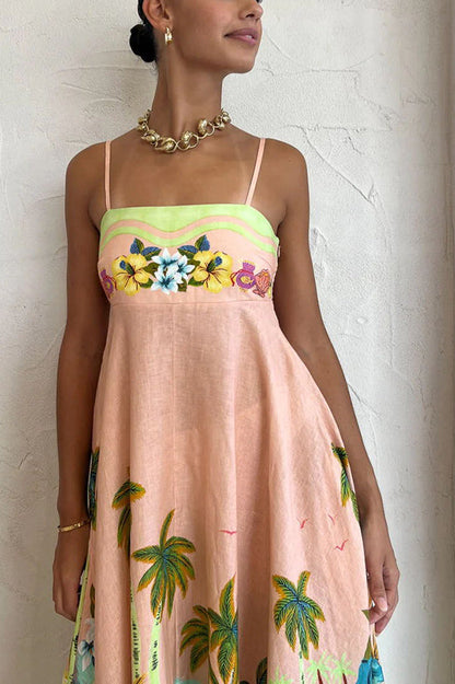 LB | Coconut Scenery Linen Blend Tropical Print Smocked Back Midi Dress