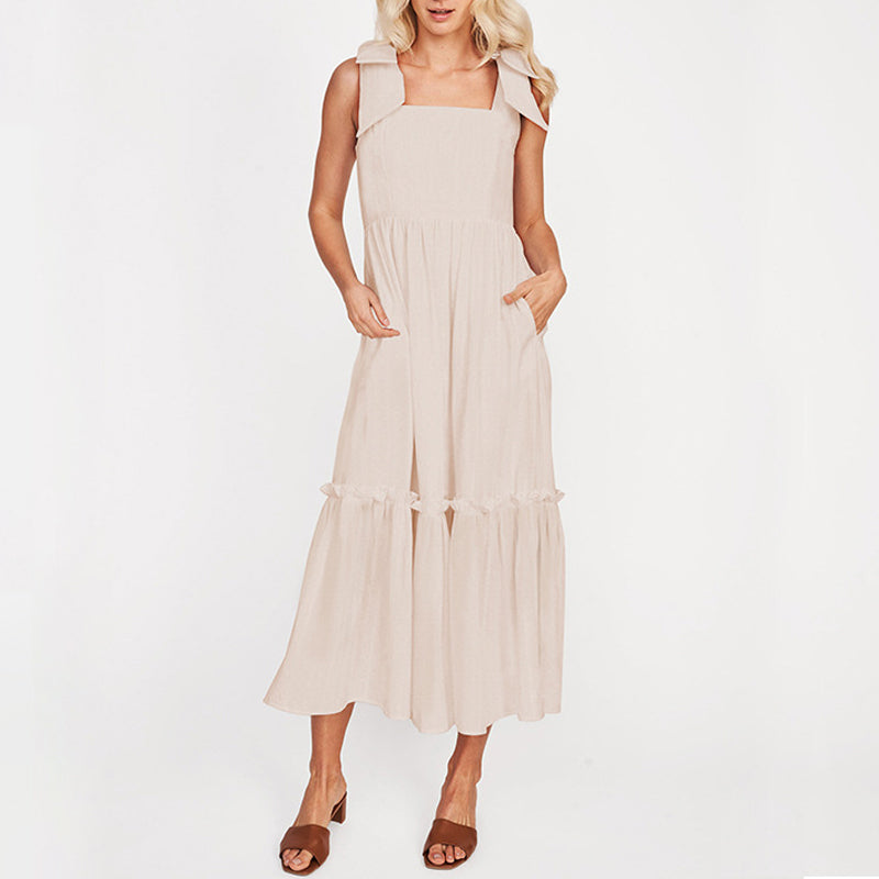 LB | Ladies One Colour Tie Shoulder Ruffle Hem Maxi Dress