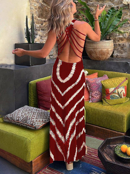 LB | Wave Print Tie Back Stretch Maxi Dress