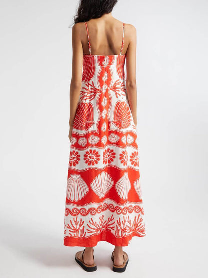LB | Shell Unique Print Front Lace-Up Loose Maxi Dress