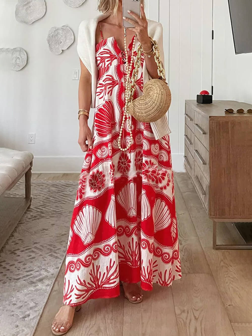 LB | Shell Unique Print Front Lace-Up Loose Maxi Dress