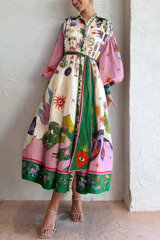 LB | Plisowana sukienka maxi w stylu retro we francuskim stylu dworskim z nadrukiem