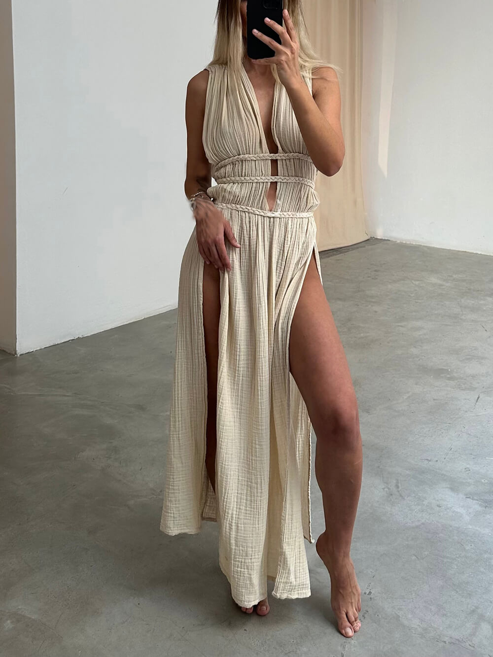 LB | Boho Braids Belt Neckline Slit Kaftan Maxi Dress
