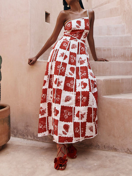 LB | Floral Trim Unikalna rozkloszowana sukienka maxi z nadrukiem na jednym ramieniu