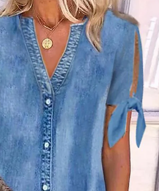 LB | Chambray V-neck zapięcie na guziki z rozciętymi rękawami mini sukienka