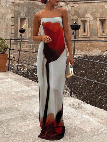LB | Holiday Abstract Tulip Print Slip H-Line Maxi Dress
