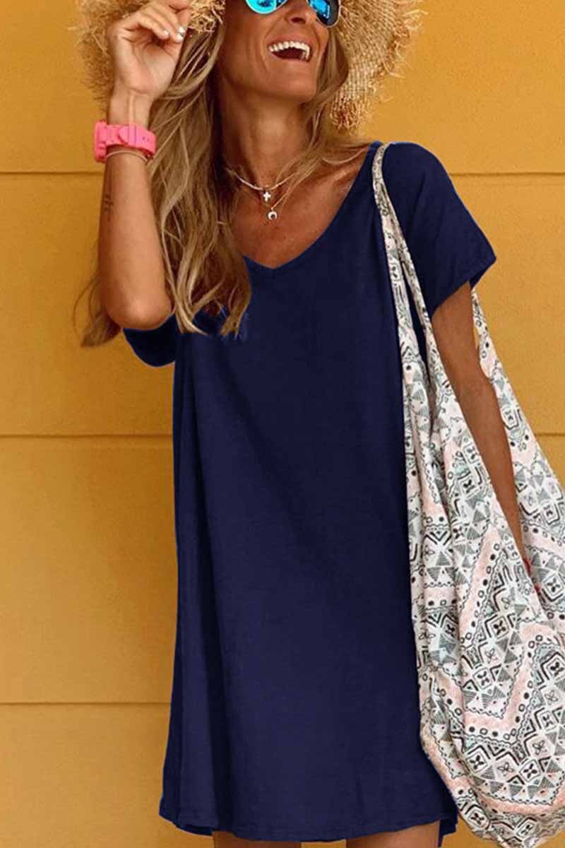 LB | Florcoo Luźna sukienka mini z krótkim rękawem i dekoltem w szpic w jednolitym kolorze