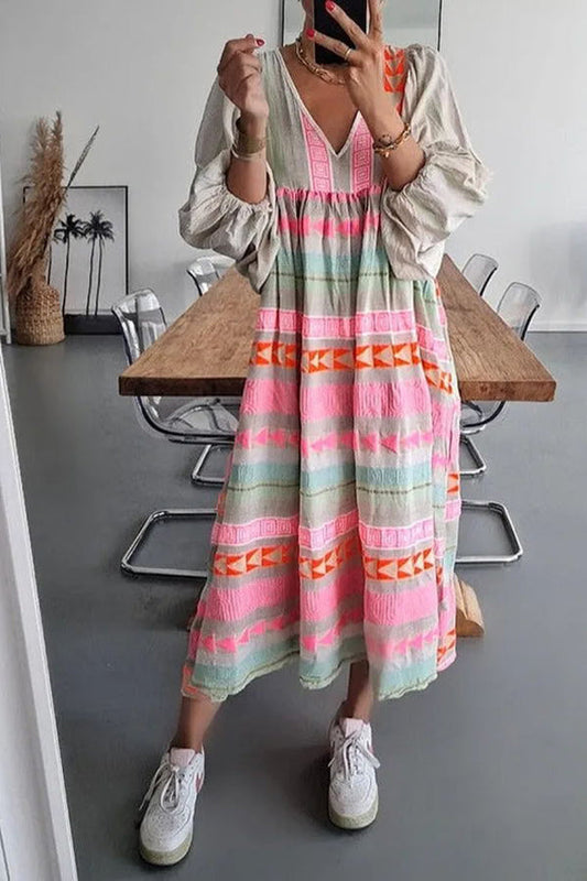 LB | Whisked Away Geometric Colour Block Printed A-Line Midi Dress
