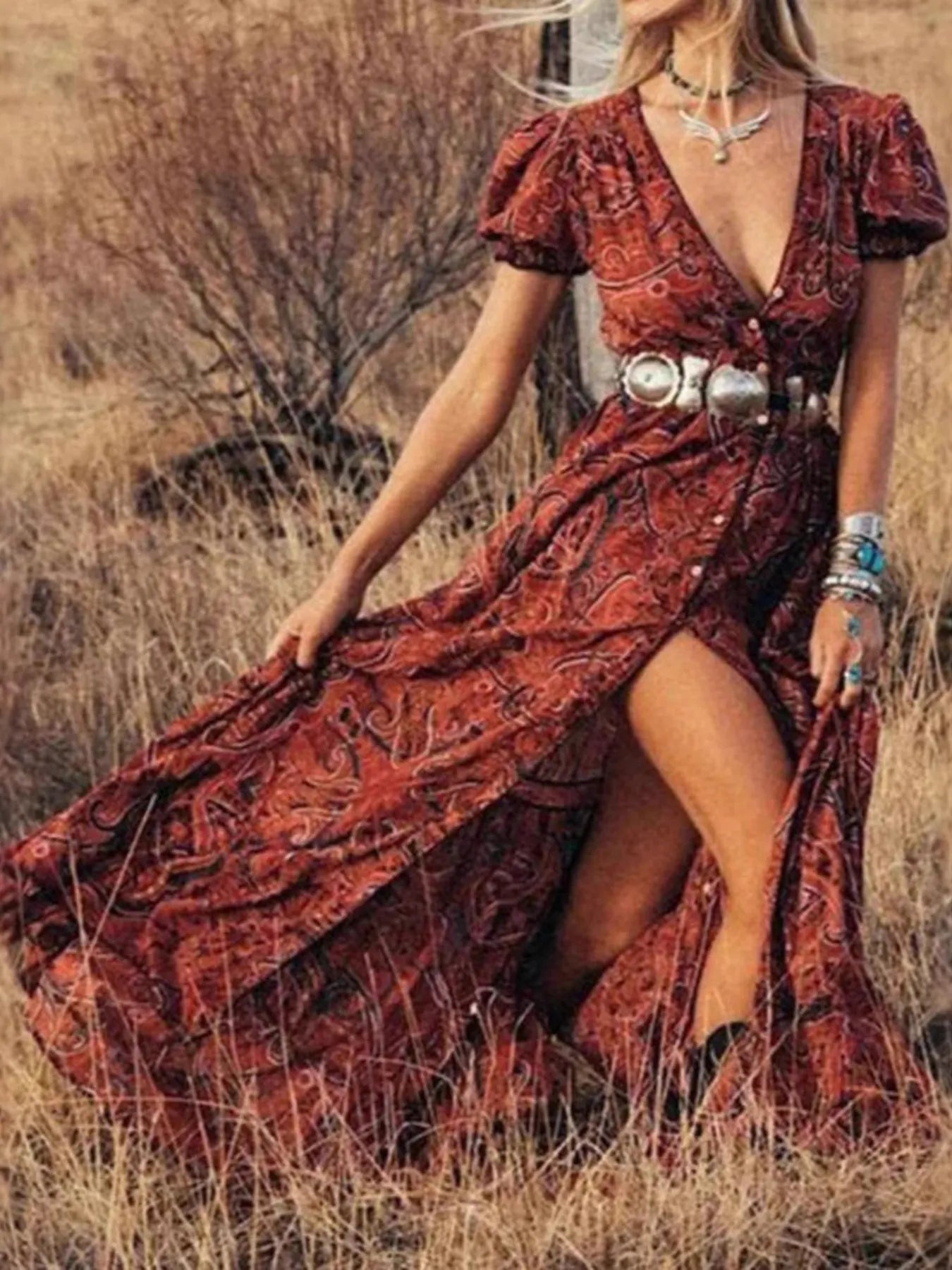 LB | Full Size Drukowana sukienka maxi z bufiastymi rękawami Plus Size
