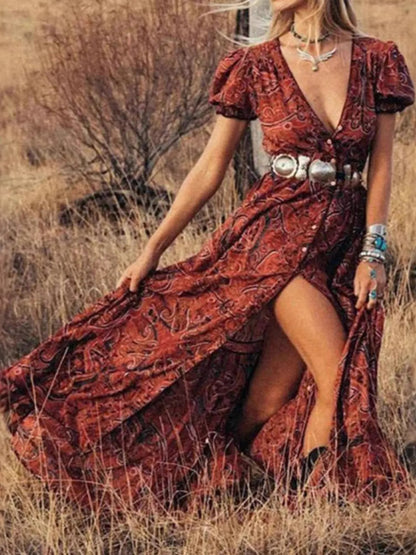 LB | Full Size Drukowana sukienka maxi z bufiastymi rękawami Plus Size