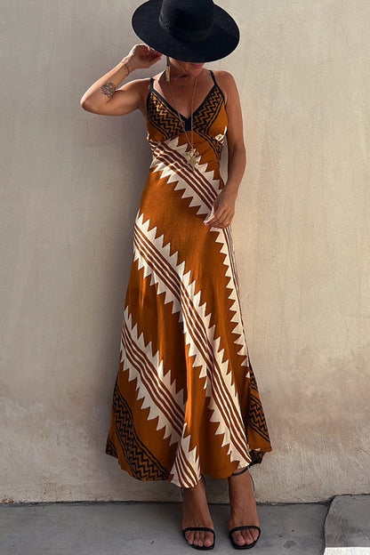LB | Always Falling Satin Ethnic Print Smocked Back Midi Dress