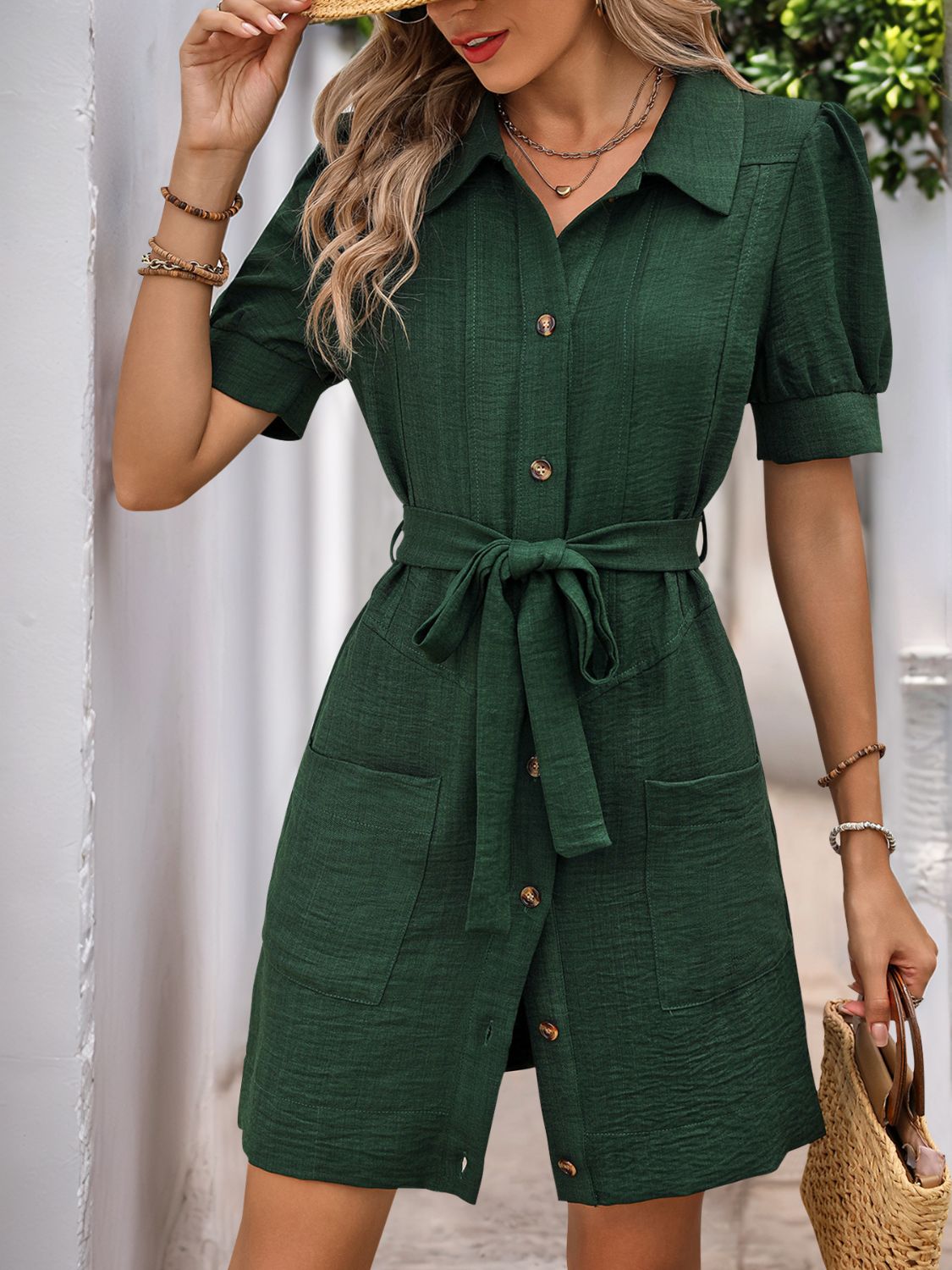 LB | Perfee Tie Waist Button Down Sukienka mini z krótkim rękawem
