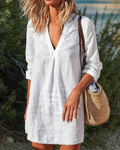 LB | Button Down Knee Length Midi Dress V-Neck Split Casualowa sukienka z długim rękawem
