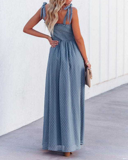 LB | Boho Spaghetti Strap Square Neck Polka Dot Flare Beach Maxi Dress
