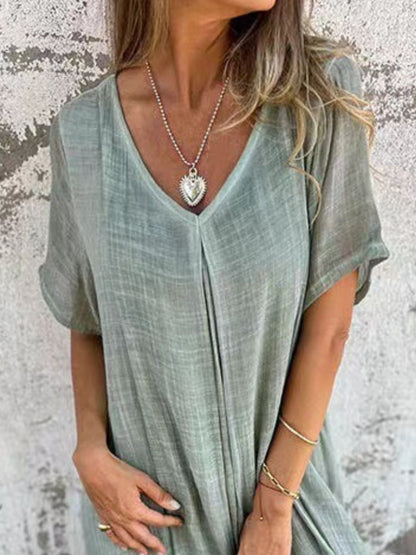 LB | Full Size V-Neck Sukienka midi z krótkim rękawem Plus Size