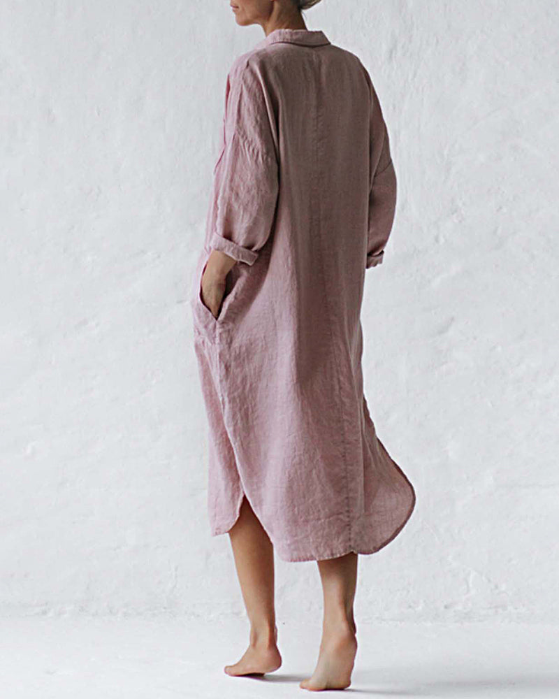 LB | Casual Button Raglan Long Sleeve Pockets Loose Shirt Dress Lounge Midi Dresses Beach Cover Up