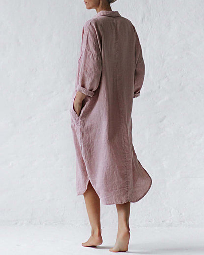 LB | Casual Button Raglan Long Sleeve Pockets Loose Shirt Dress Lounge Midi Dresses Beach Cover Up
