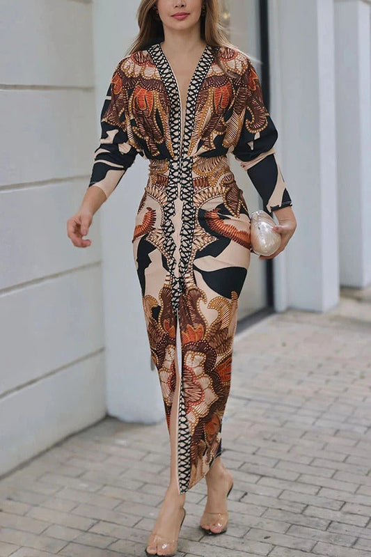 LB | Verra Unique Print Dolman Long Sleeve Ruffled Slit Midi Dress