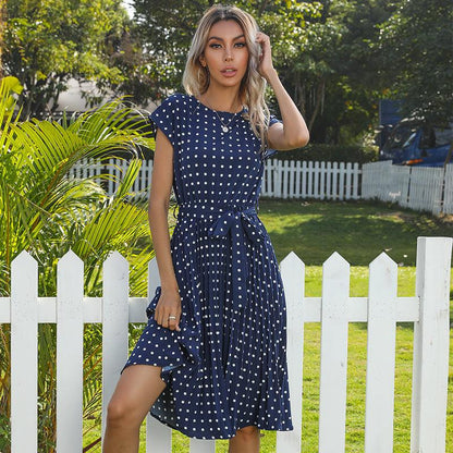 LB | Summer Women Polka Dot Short Sleeve Dress Casual Bandage Party Pleated Midi Dresses Elegant Green Office Lady Clothes