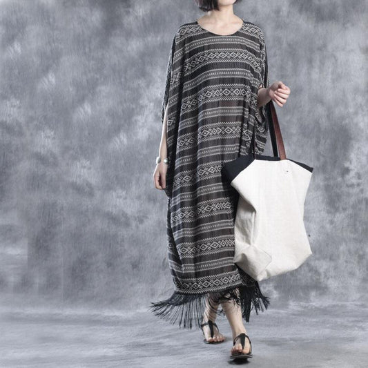 LB | Lniane sukienki z frędzlami Print Lniana sukienka maxi Oversize Kaftany