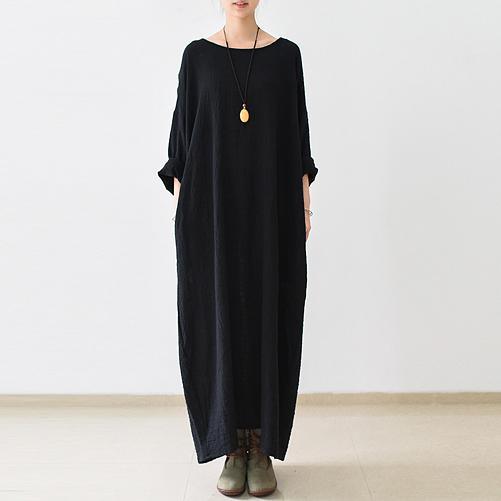 LB | 2021 Jesień Nowa Czarna Lniana Sukienka Plus Size Casual Maxi Dress
