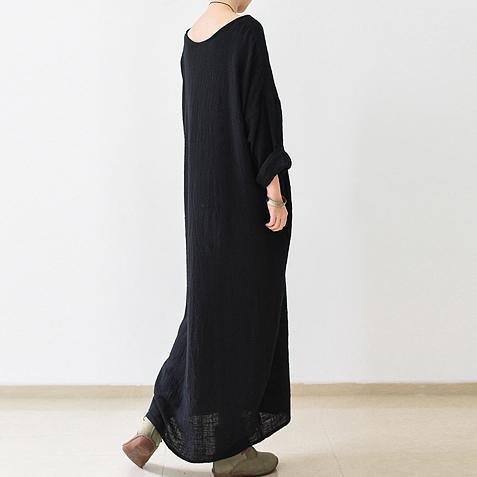 LB | 2021 Jesień Nowa Czarna Lniana Sukienka Plus Size Casual Maxi Dress
