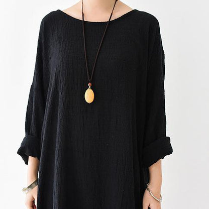 LB | 2021 Jesień Nowa Czarna Lniana Sukienka Plus Size Casual Maxi Dress