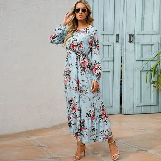 LB | Bohemian Women Maxi Casual Long Sleeve High Waist Chiffon Midi Dresses