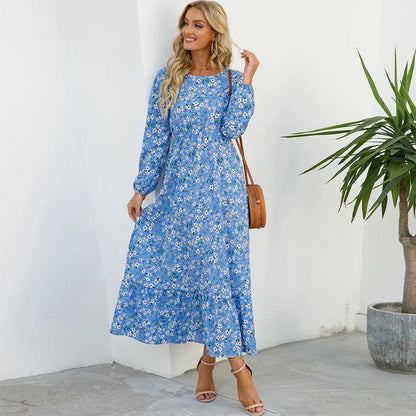 LB | Bohemian Women Maxi Casual Long Sleeve High Waist Chiffon Midi Dresses