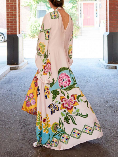 LB | Elegancka sukienka maxi z długim rękawem i kwiatowym wzorem na każdą okazję