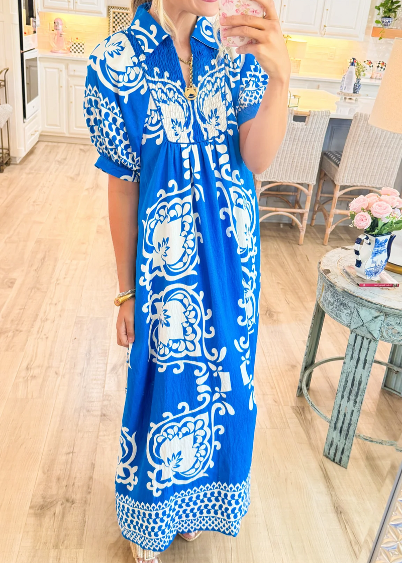 LB | Sukienka midi w stylu boho z bufiastymi rękawami i nadrukiem mix-and-match