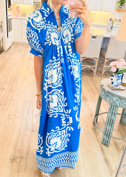 LB | Sukienka midi w stylu boho z bufiastymi rękawami i nadrukiem mix-and-match