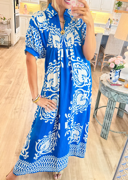 LB | Sukienka midi w stylu boho z bufiastymi rękawami i nadrukiem mix-and-match