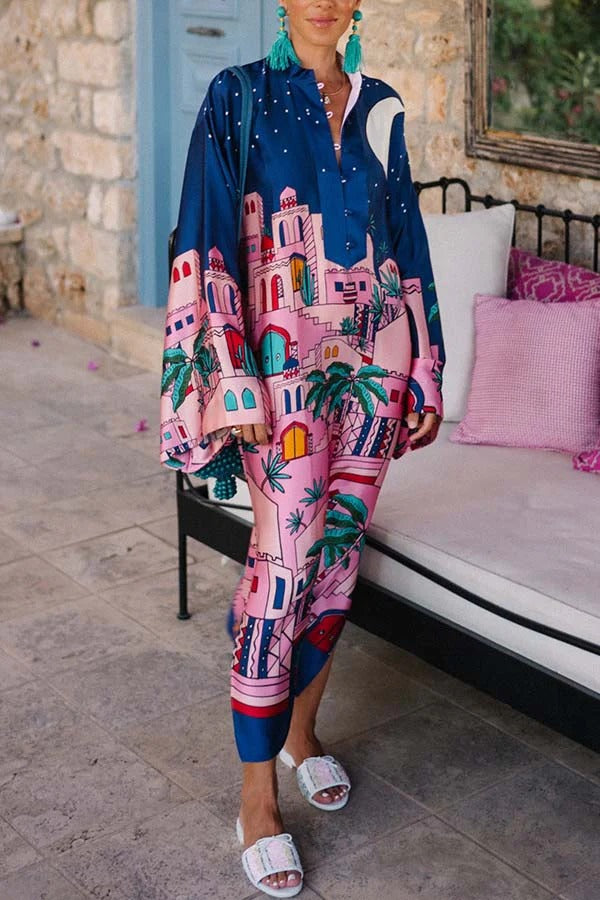 LB | Seaside Stroll Satin Unique Print Button Up Long Sleeve Slit Kaftan Midi Dress
