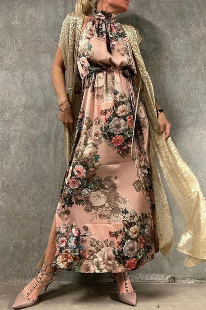 LB | Elegancka sukienka maxi z dekoltem w serek w róże w stylu vintage