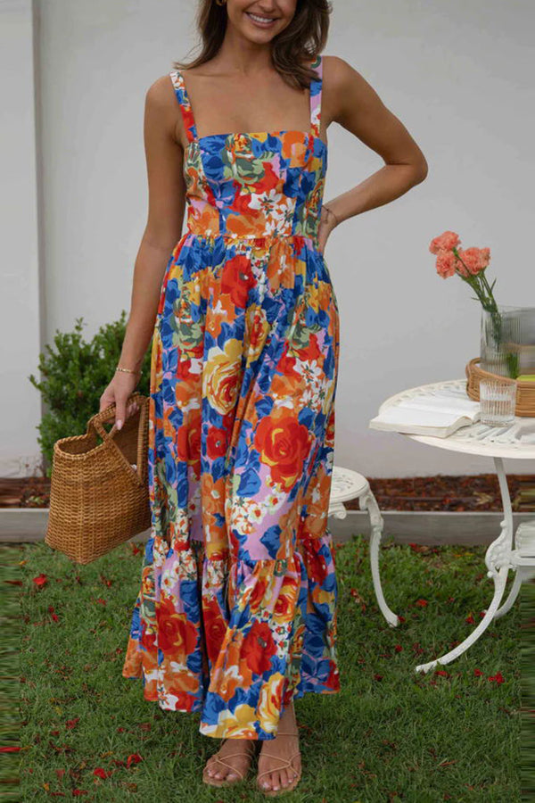 LB | Style Lover Kwadratowy dekolt Regulowane ramiączka Sukienka maxi w kwiaty