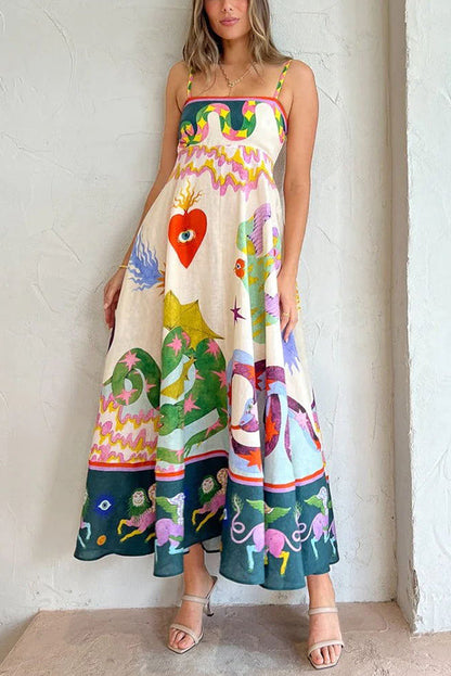 LB | Feel Effortlessly Linen Blend Unique Print Smocked Back Midi Dress
