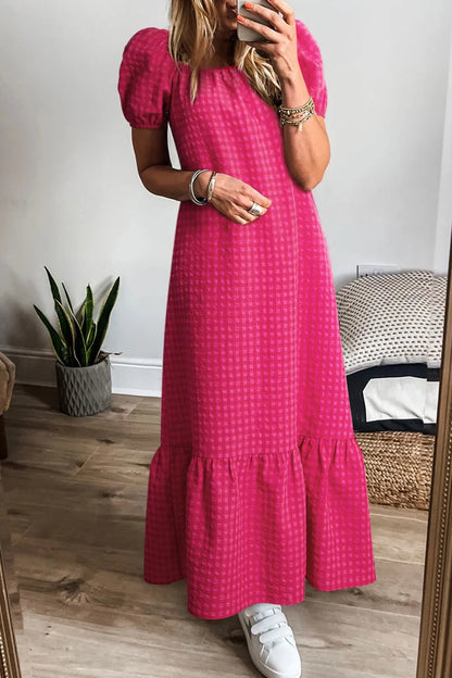 LB | SYNZ Gingham Check Bubble Sleeve Ruffled Maxi Dress