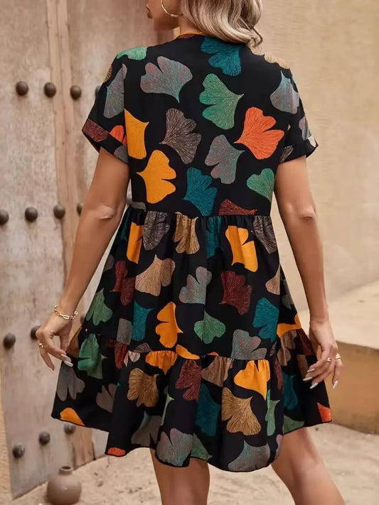 LB | Sukienka mini boho z krótkim rękawem i nadrukiem V-neck