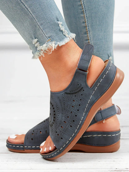 AS | Ethnic Pattern Punched Hollow Velcro Retro Sandały