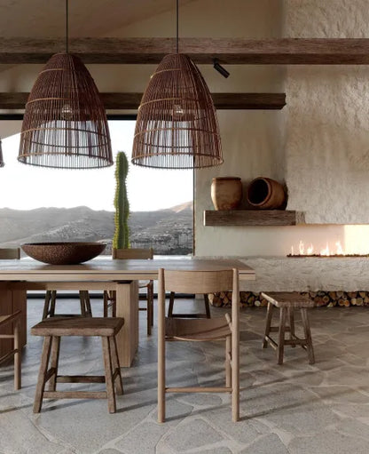 Kreatywna lampa wisząca z rattanu do kuchni w stylu wabi-sabi